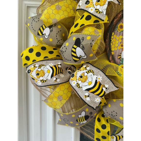 Bee Our Guest Sunflower Gnome Ribbon Deco Mesh Spring Summer Wreath, Door Hanger - Picture 2 of 7